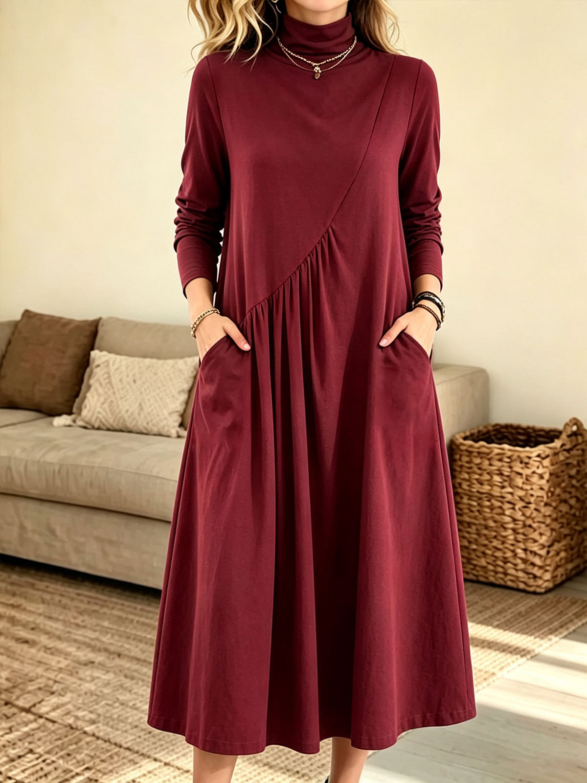 Women Turtleneck Diagonal Ruched Pocket Long Sleeve Midi Dress