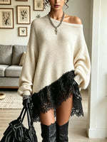 Women's Off-the-Shoulder Lace Hem Sweater Dress