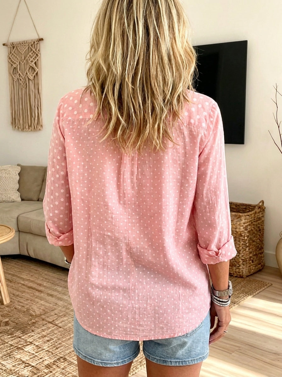 Women Pink White Polka Dot Button Down Shirt Lapel Long Sleeve Loose Casual Blouse