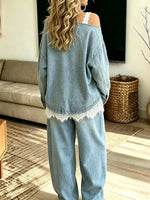 Women's Dropped Shoulder Loose Denim Long-sleeve Top And Jeans Set
