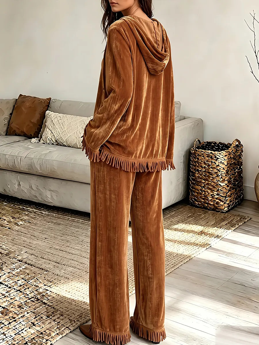 Vintage Elegant Velvet Hooded Patchwork Tassels Trousers Two-piece Set