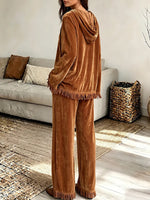 Vintage Elegant Velvet Hooded Patchwork Tassels Trousers Two-piece Set
