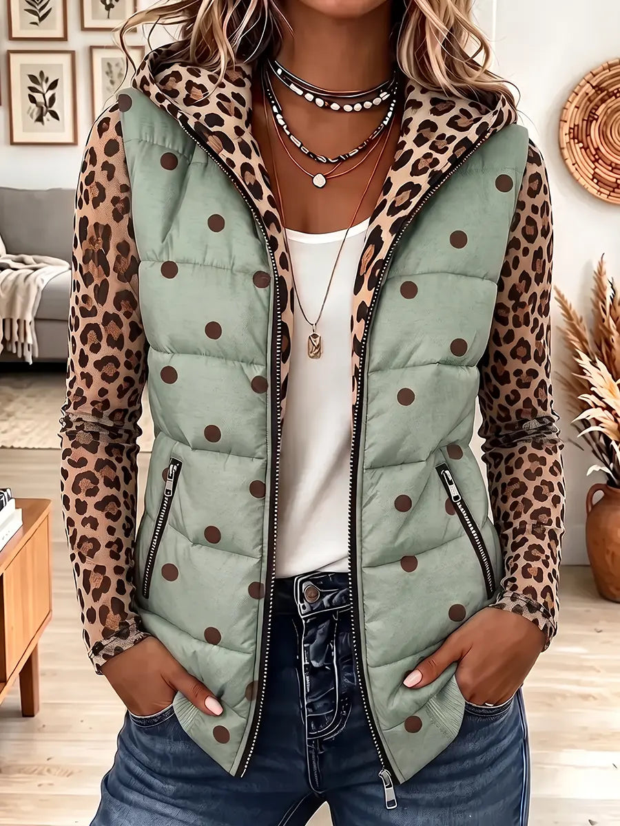 Vintage Elegant Leopard Print Patchwork Quilted Winter Jacket Vest