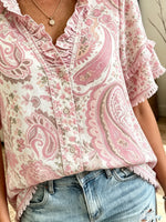 Women's Paisley Fringe Ruffle Short Sleeve Blouse