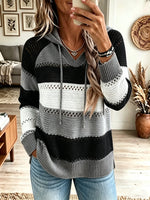 Women's Striped Knit Drawstring Hooded Sweater