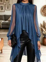 Women Blue Mock Neck Sheer Flowy Asymmetrical Chiffon Blouse