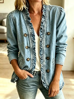 Retro Ruffle Solid Color Button Art Casual Stylish Long Sleeve Denim Coat