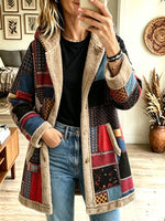 Women's Patchwork Print Fleece Lined Hooded Coat, Button Front Sherpa Trim Mid Length Jacket