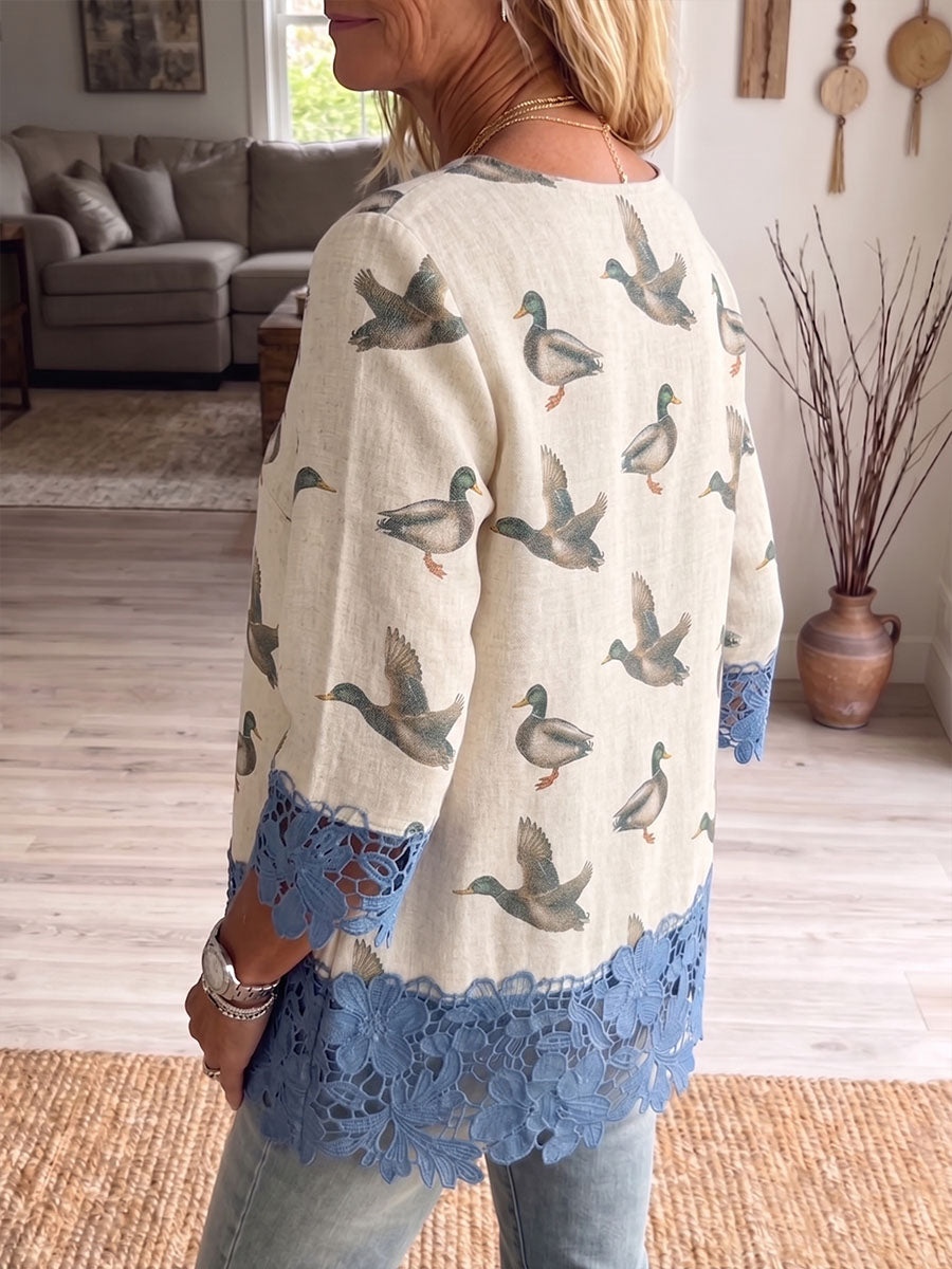 Vintage Elegant Pattern Print Patchwork Hollowed Out Lace Shirt