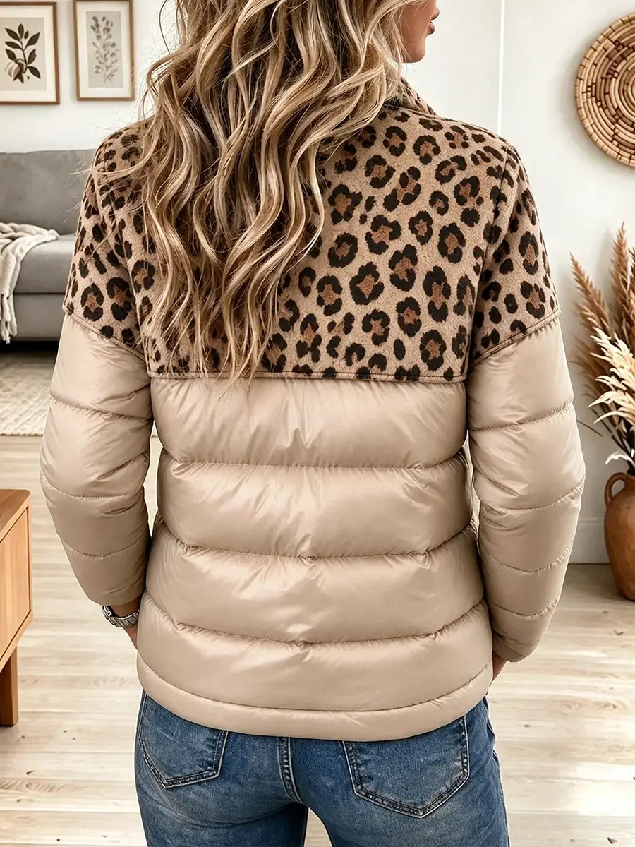 Women's Leopard Print Color Block Puffer Jacket