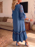Vintage Elegant Denim Patchwork Hollowed Out Lace Dress