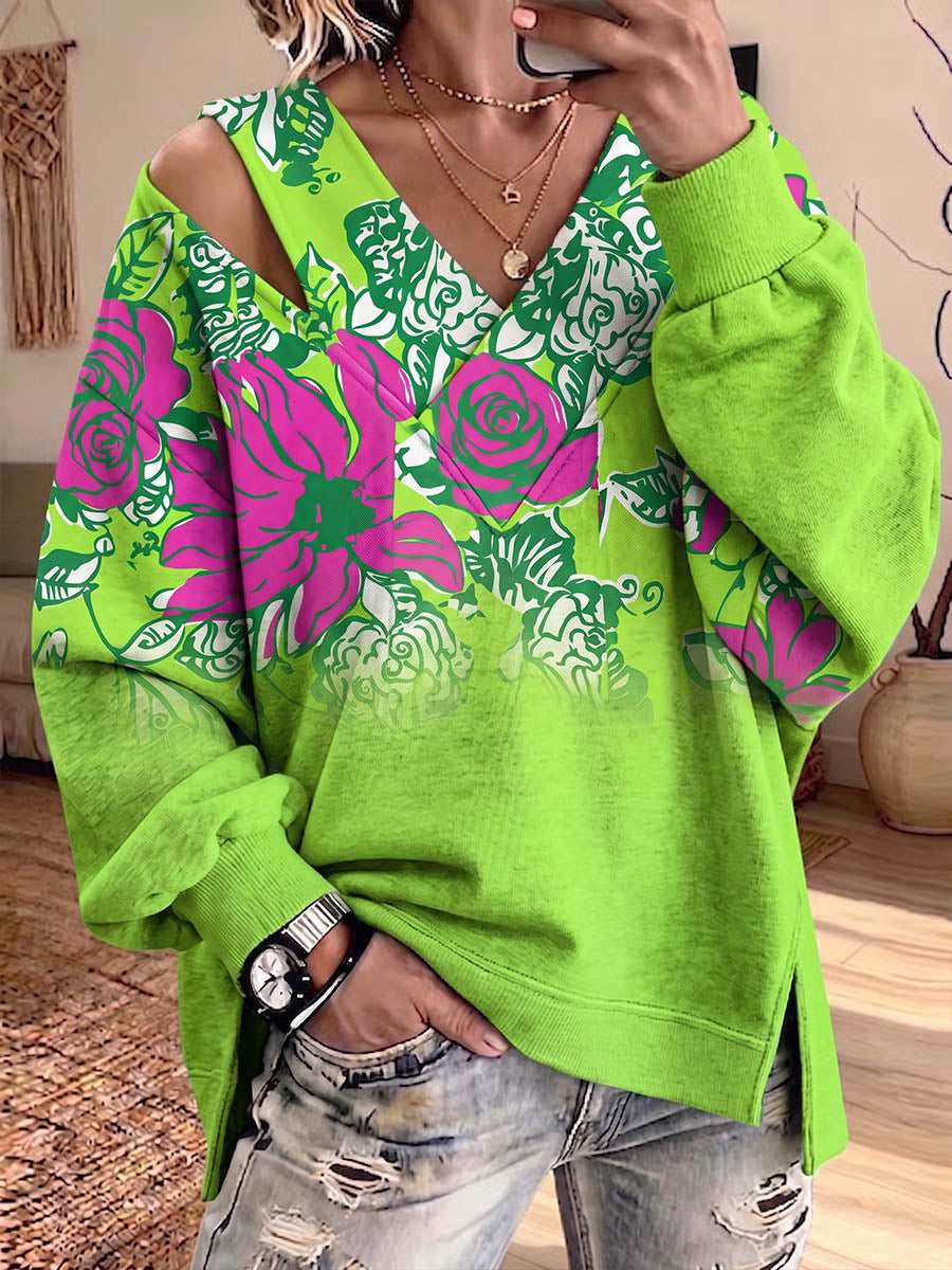 Vintage Elegant Cotton Fabric Patchwork Patterned Print Sweatshirt