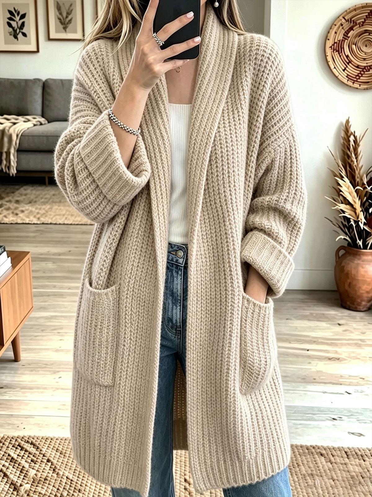 Women Shawl Collar Waffle Knit Open‑Front Mid‑Length Cardigan With Pockets
