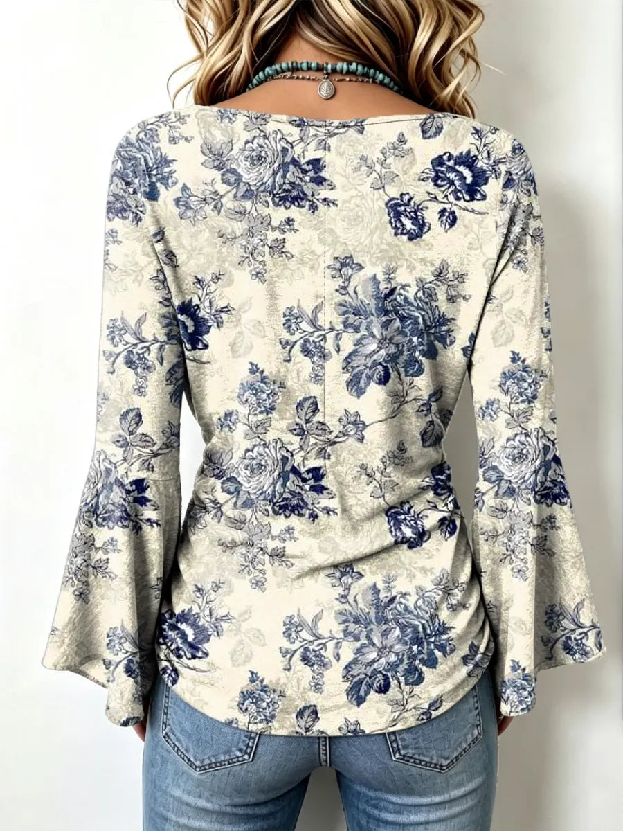 Retro Floral Pattern Art Print Casual Stylish Cotton V Collar Shirt