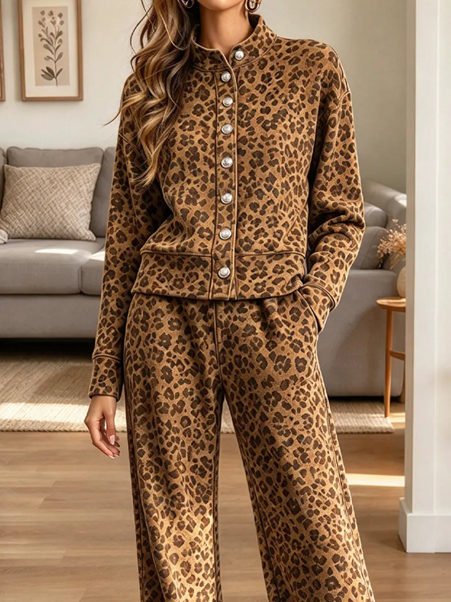 Vintage Chic Leopard Art Casual Stylish Long Sleeve Top And Pants Two-piece Suit