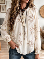 Women's Off-White Floral Embroidered Tassel Tie Neck Long Sleeve Boho Blouse
