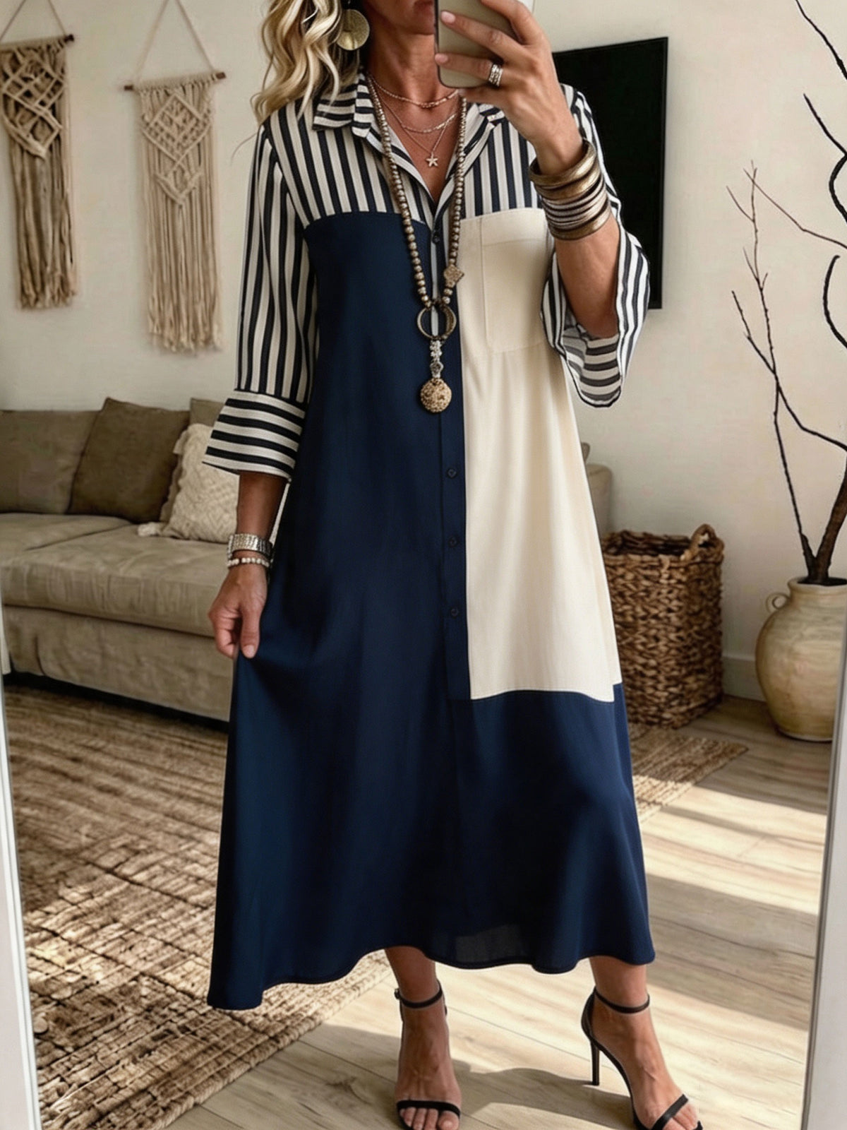 Color Block Stripe Patchwork Collared Button‑Down Midi Shirt Dress