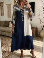 Color Block Stripe Patchwork Collared Button‑Down Midi Shirt Dress