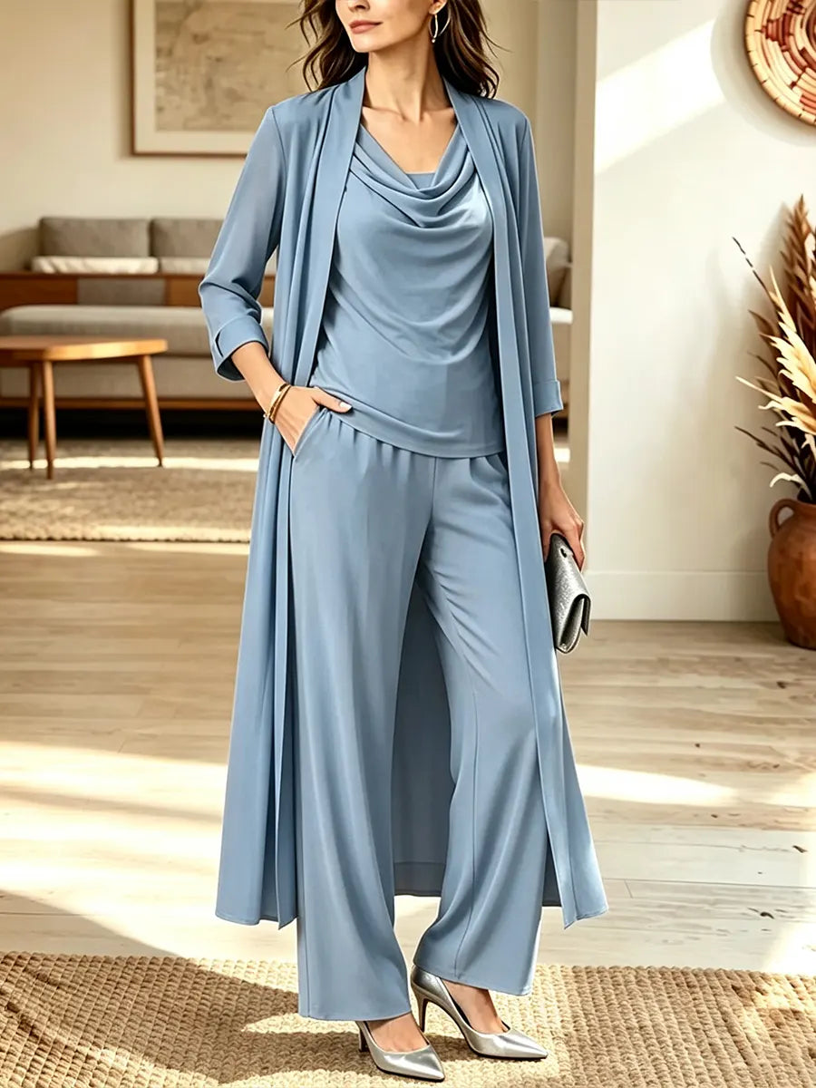 Women's Long-sleeve Stacked Collar Top, Long Cardigan, And Pants Three-piece Set
