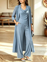 Women's Long-sleeve Stacked Collar Top, Long Cardigan, And Pants Three-piece Set