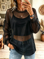 Women's Glitter Sheer Mesh Layered Lantern Sleeve Top
