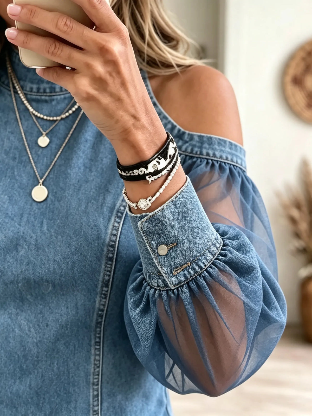 Women's Cold-Shoulder Sheer Sleeve Denim Top