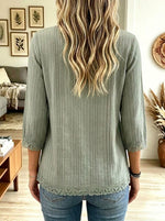 Women Lace Panel V Neck 3/4 Puff Sleeve Button Down Casual Blouse