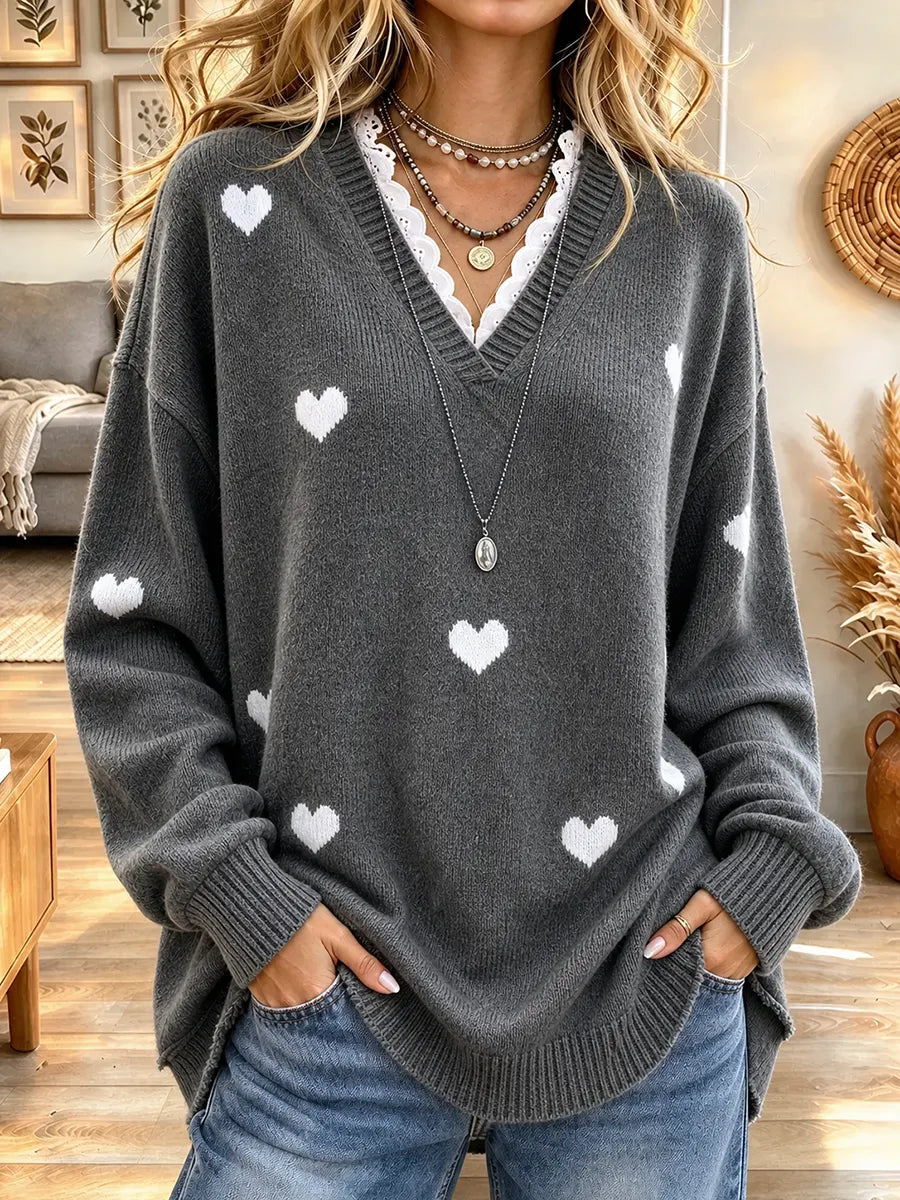Women's Elegant Heart Print Lace Collar Patchwork Knit Sweater