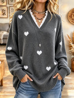 Women's Elegant Heart Print Lace Collar Patchwork Knit Sweater