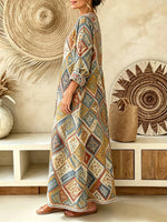 Women's Ethnic Geometric Diamond Print V-Neck Maxi Dress