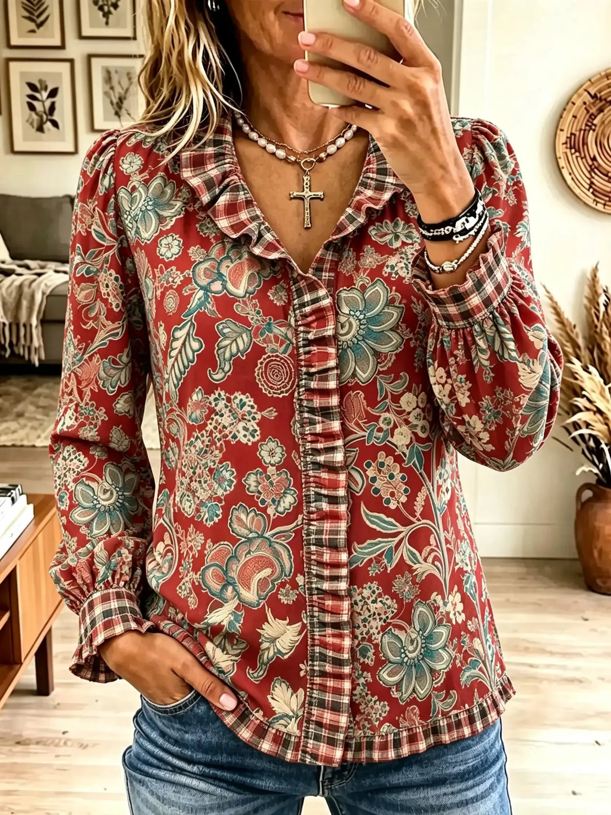 Women's Floral Plaid Contrast Ruffle Collar Blouse