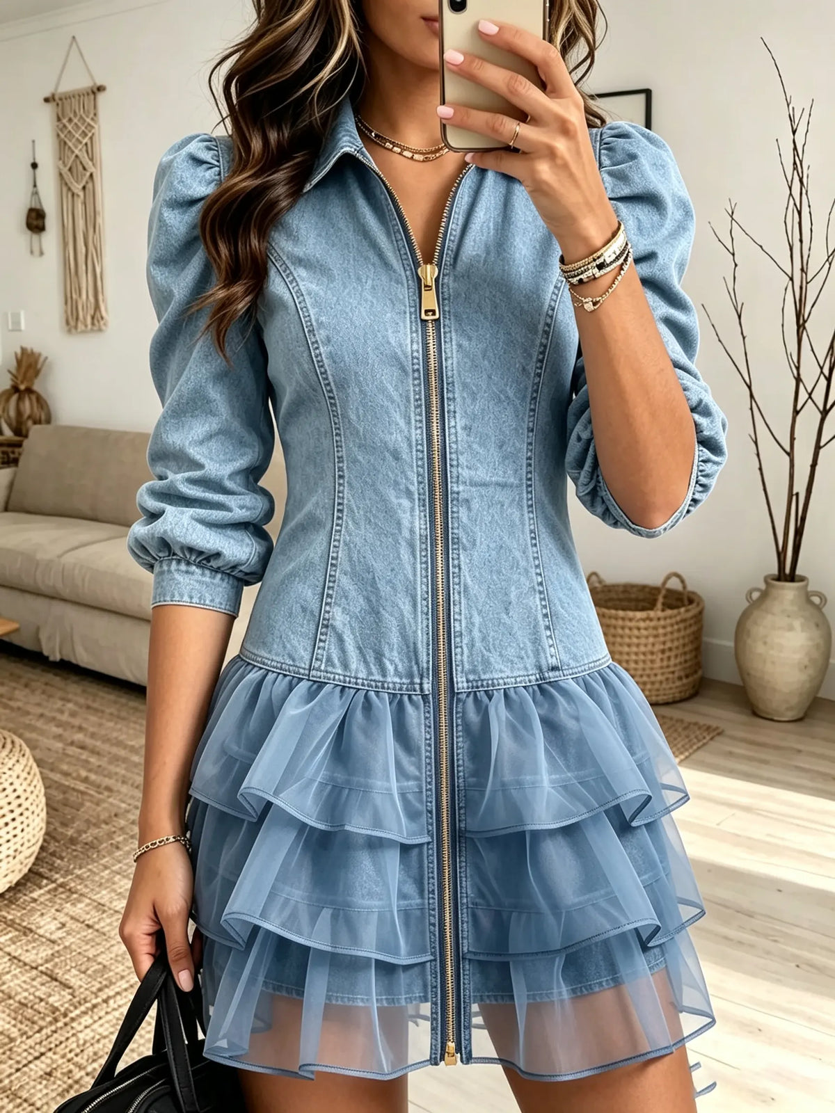 Women's Tiered Tulle Ruffle Hem Denim Mini Dress