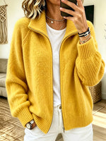 Women Stand Collar Full‑Zip Raglan Sleeve Chunky Knit Cardigan Jacket