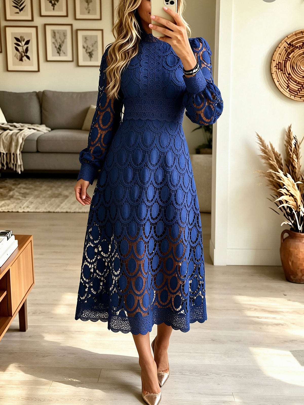 Women's High Neck Lace Midi Dress, Long Puff Sleeve Hollow Crochet Formal Party Dress