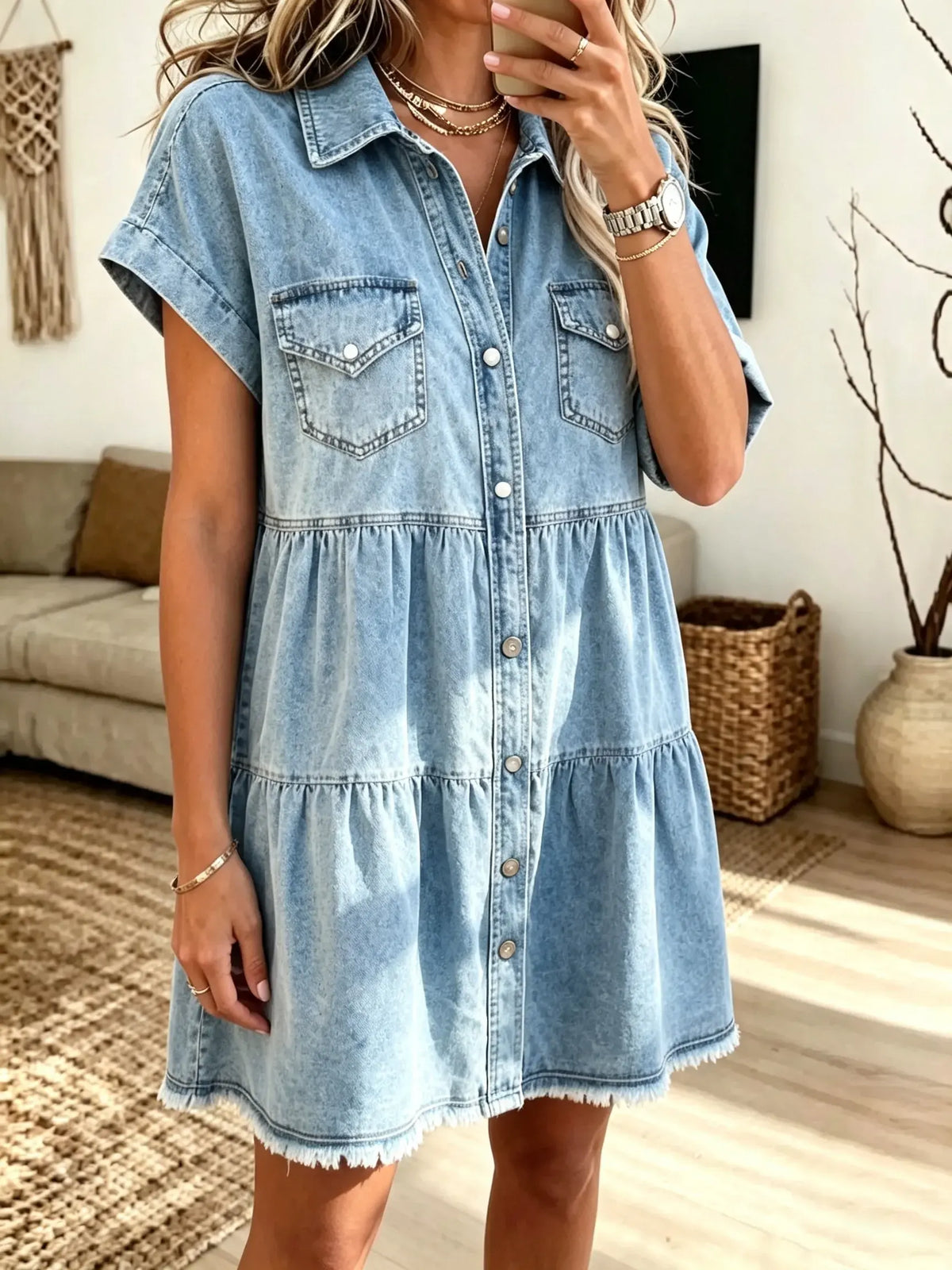 Women's Frayed Hem Tiered Denim Shirt Dress