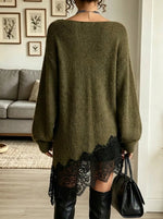 Women's V-Neck Eyelash Lace Trim Knit Sweater Dress