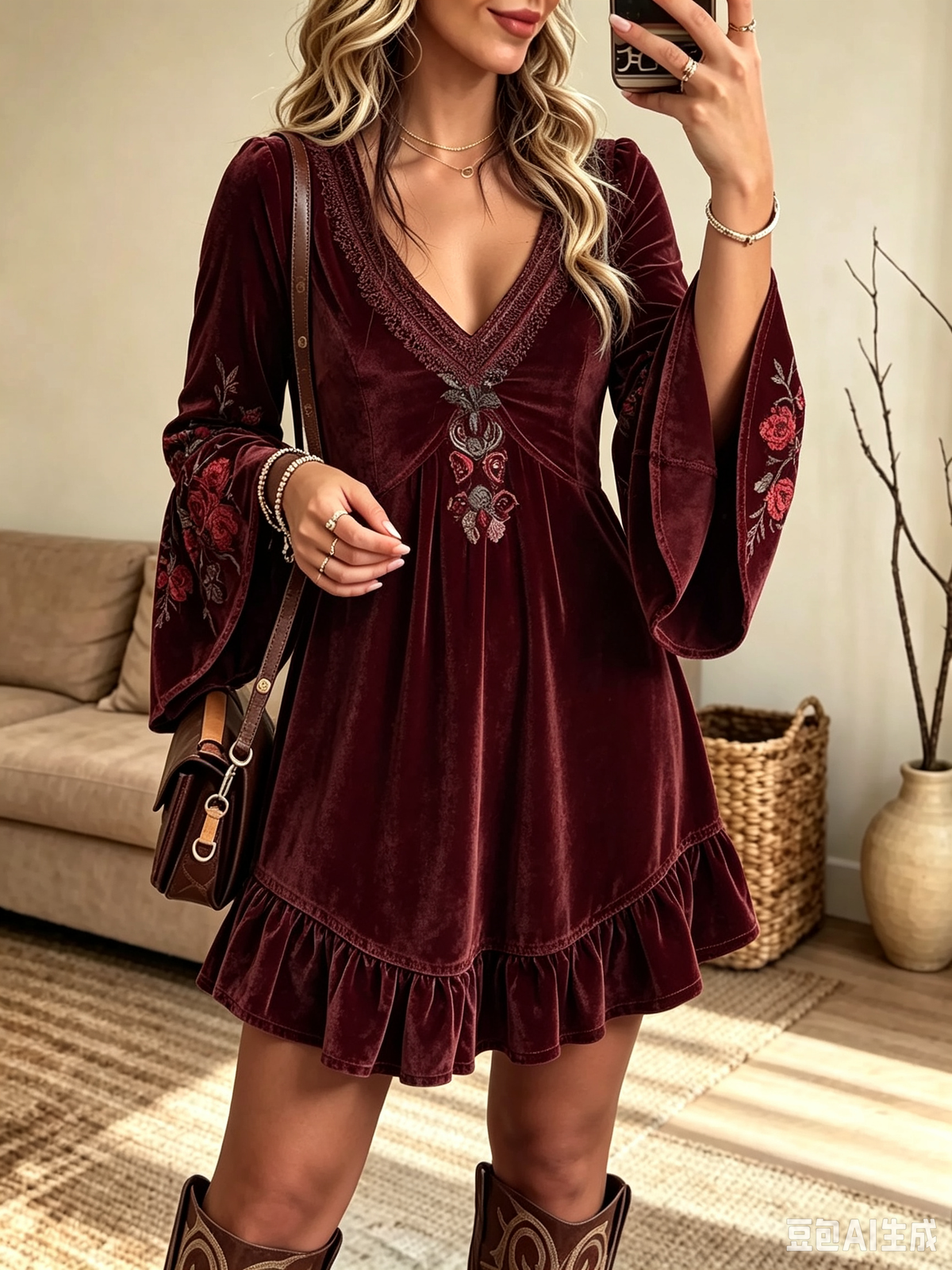 Women's Velvet Embroidered Bell Sleeve Mini Dress