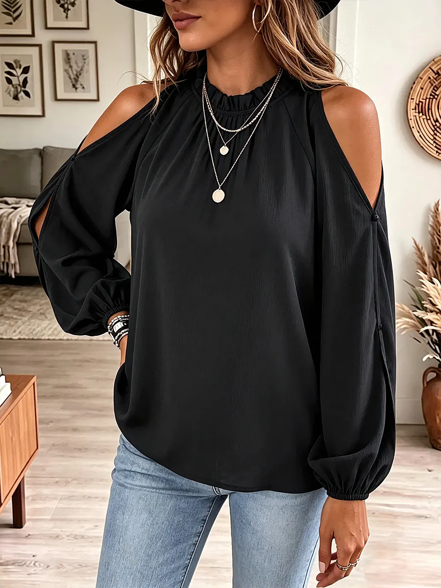 Vintage Elegant Off-shoulder Button Ruffles Shirt