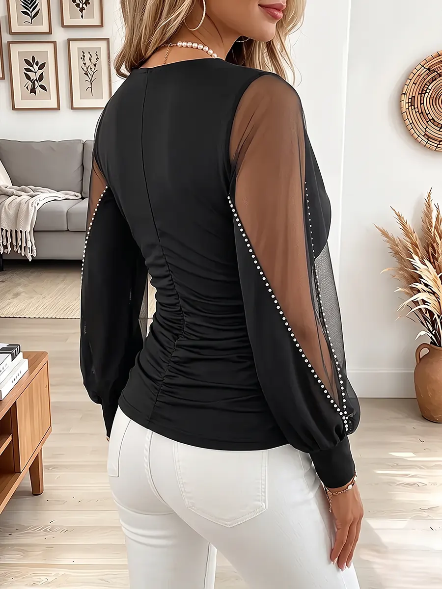 Vintage Elegant Patchwork Sheer Mesh Shirt
