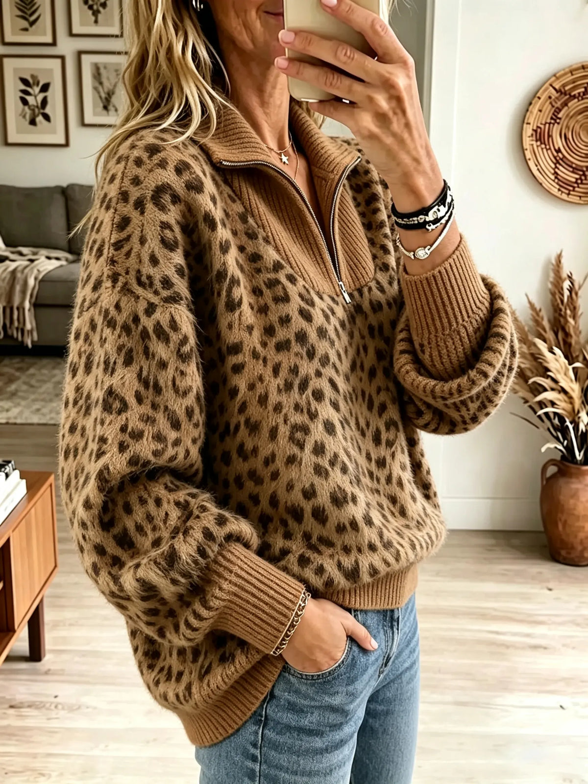 Women's Fuzzy Leopard Print Half-Zip Pullover