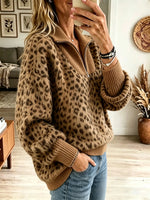 Women's Fuzzy Leopard Print Half-Zip Pullover