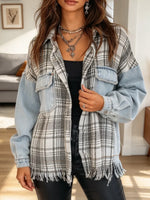 Retro Plaid Pattern Art Denim Patchwork Casual Stylish Long Sleeve Lapel Coat