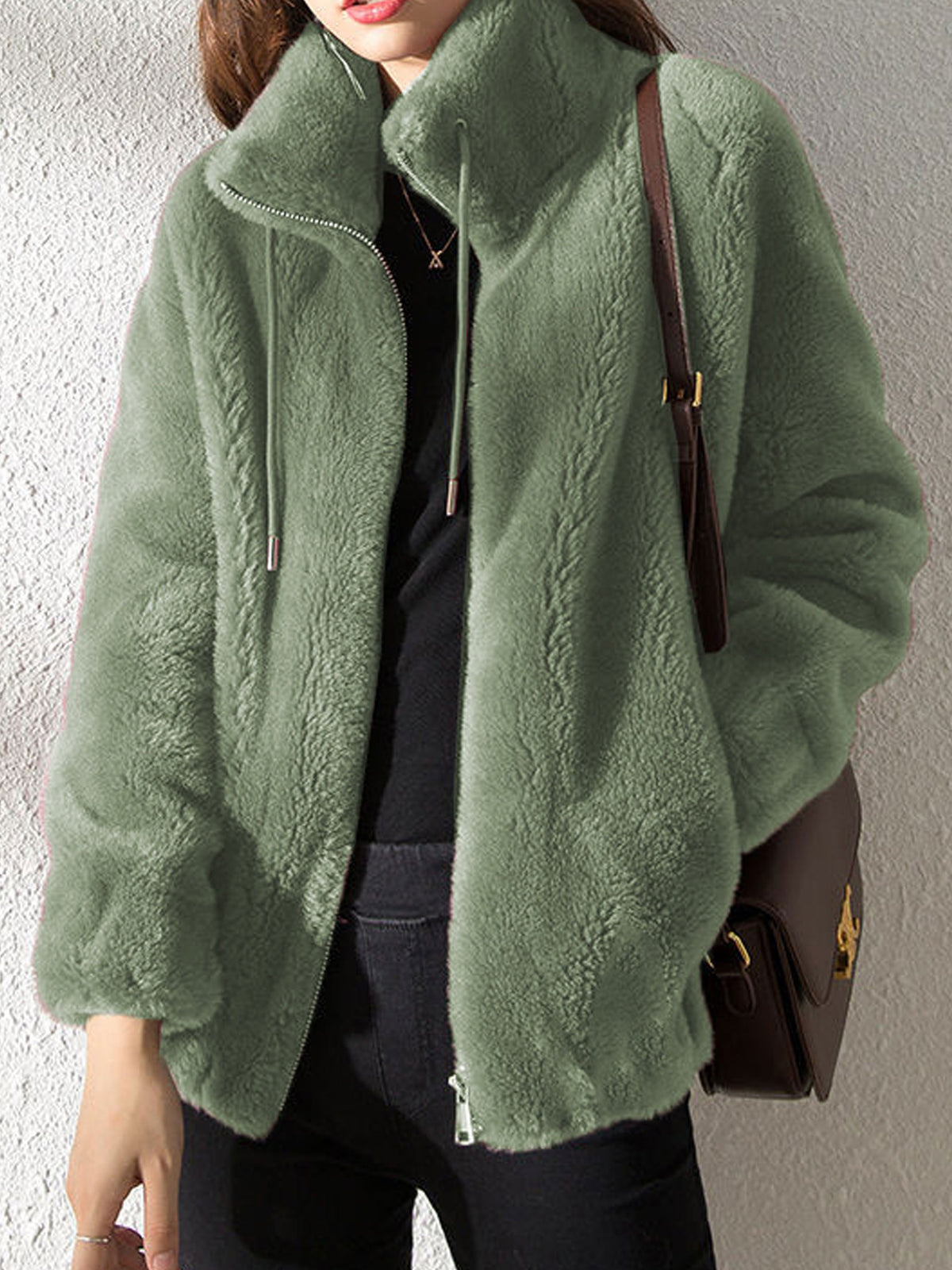 Women Fuzzy Fleece Zip‑Up Stand Collar Jacket, Casual Drawstring Plush Outerwear