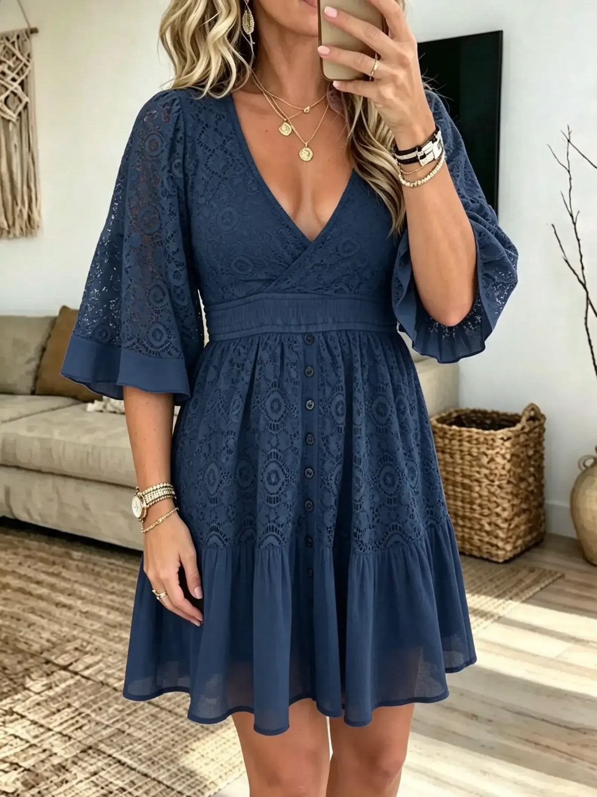 Women's Floral Lace V-Neck Mini Dress