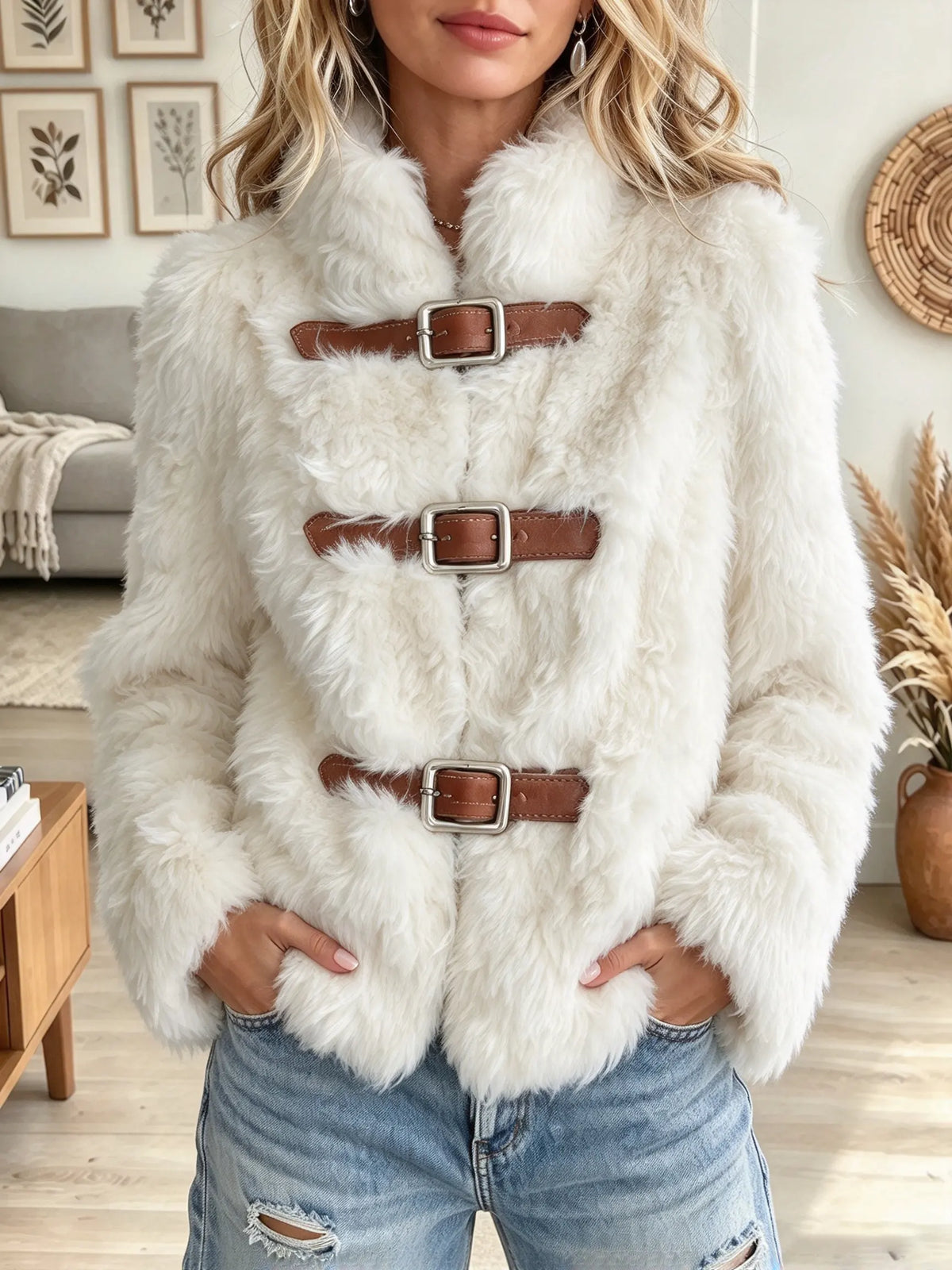 Women's Buckle Strap Fux Fur Short Coat