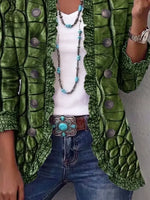 Retro Crocodile Pattern Art Print Ruffle Casual Stylish Cotton Lapel Coat