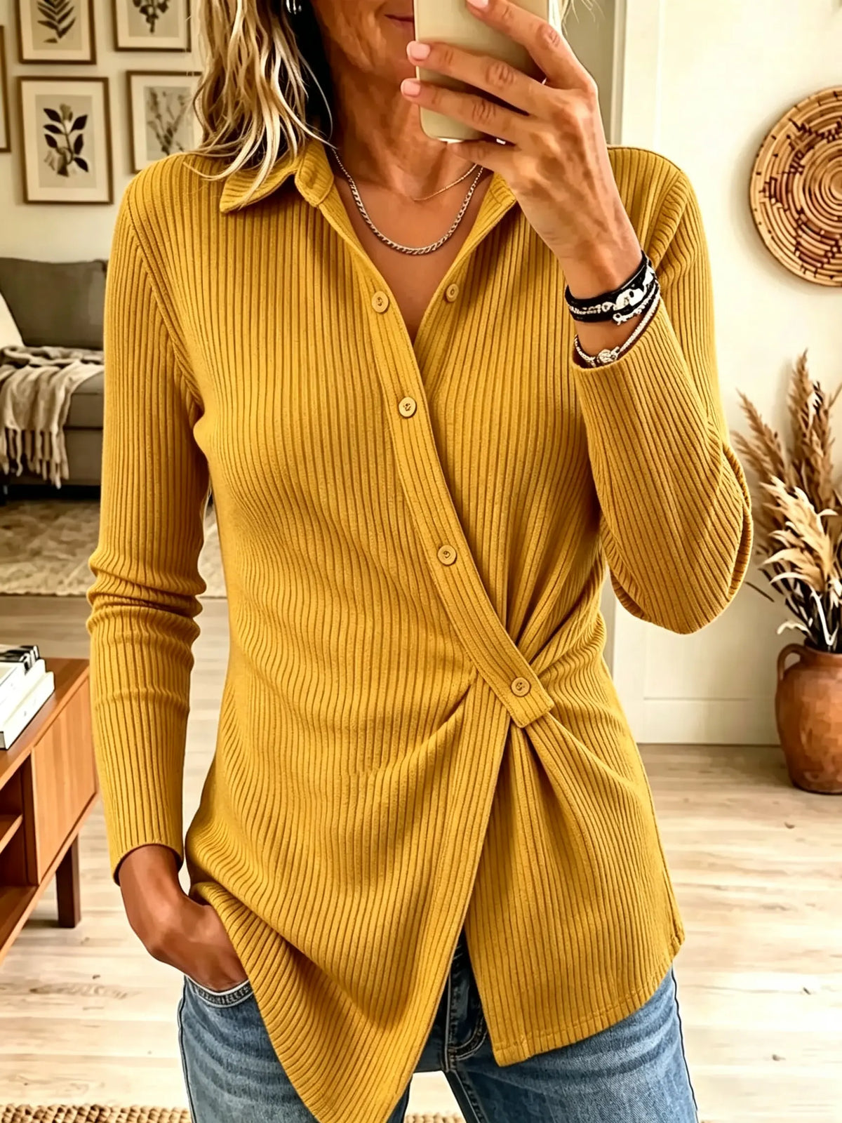 Women's Asymmetrical Button Wrap Ribbed Polo Top