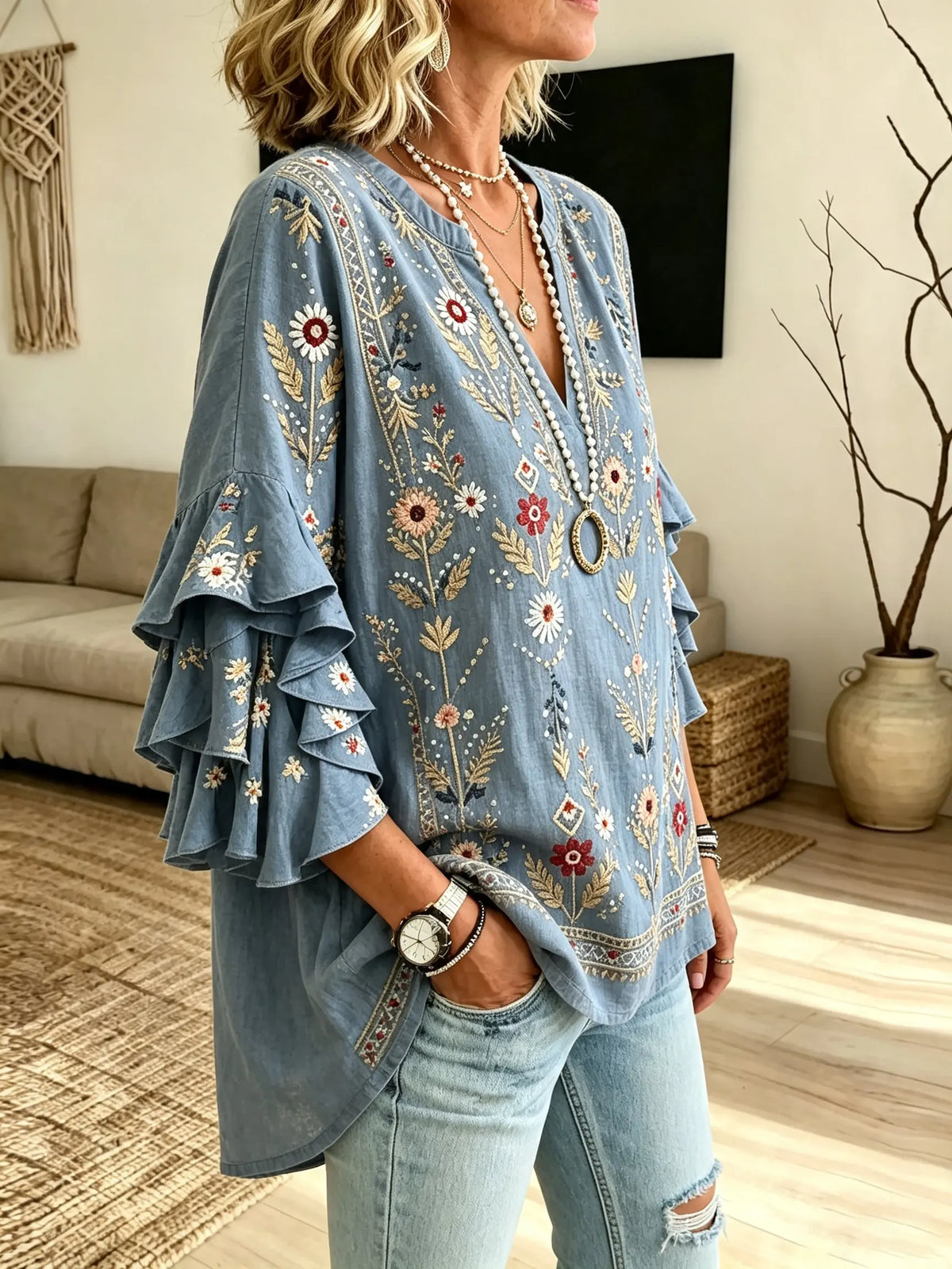 Women's Floral Ruffle Sleeve Blouse