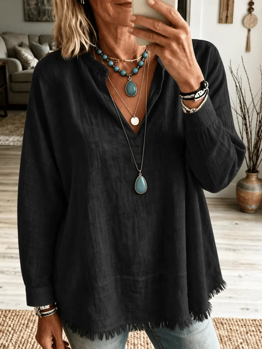 Retro Solid Color Art V Collar Casual Long Sleeve Cotton Linen Shirt