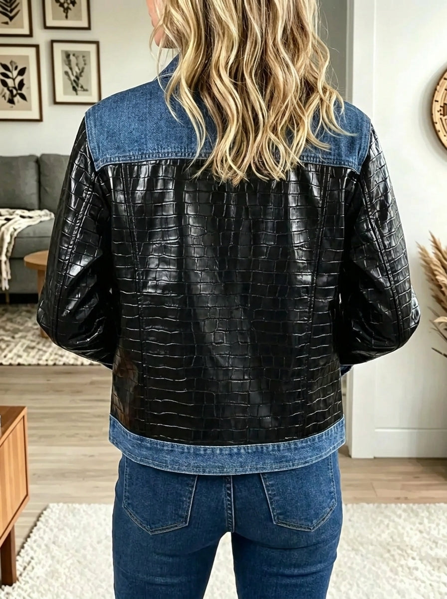 Women's Croc Embossed Denim Patchwork Jacket